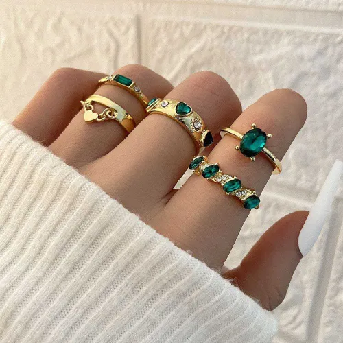 5 Pcs Green Crystal Heart Decor Finger Ring Set